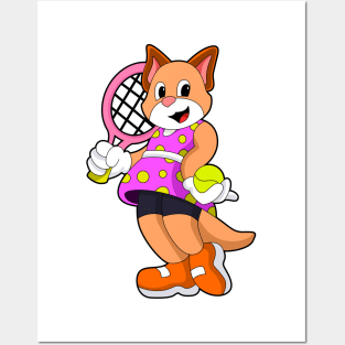 Cat at Tennis with Tennis racket Posters and Art